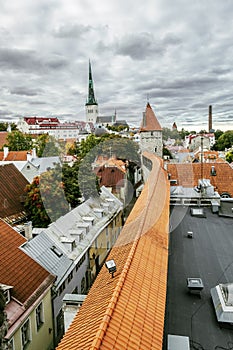View of St. Olaf Cathedral and the streets of old Tallinn city