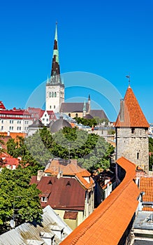 View of St. Olaf Church and city walls of Tallinn