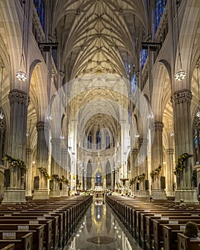 View of the St. Patricks Cathedral in Midtown Manhattan with the famous 5th Avenue