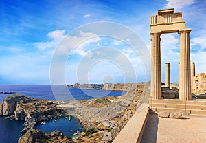 View of St. PaulÃÂ´s bay and ancient temple of goddess Athena on acropolis of Lindos Rhodes, Greece