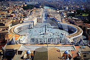 View of St Peter`s Square from the roof of St Peter`s Basilica, Vatican City, Rome, Italy