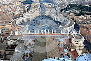 View of St. Peter`s Square in Vatican and Rome from the top of Michelangelo`s dome