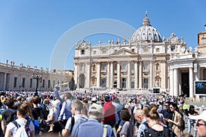 View of St. Peters basilica from St. Peter`s square in Vatican City, Vatican.