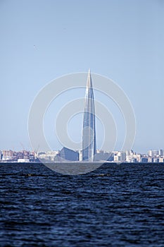 View of St. Petersburg through the Gulf of Finland. Gazprom City Tower in the center photo