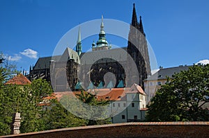 View of St. Vitus Cathedral on Prague Castle from the Royal Garden in Prague,Czech republic