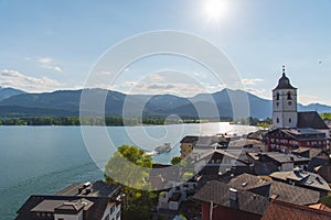 View of St. Wolfgang waterfront with Wolfgangsee lake, Austria