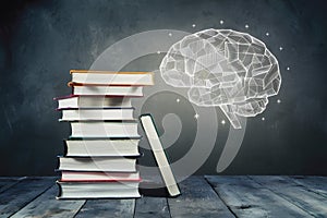 view Stack of books with brain education concept illustration, symbolizing knowledge and intellectual growth