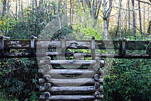 View of a stacked log support for a water sluice, autumn leaves and rhododendrons