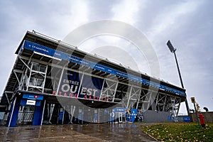 View of Stade Saputo on a rainy day.
