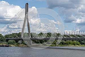 View of the stadium. Bridge over the Vistula river. City traffic. Cars on the road. Urban landscape. Panorama view