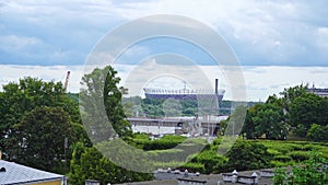 View of the stadium. Bridge over the Vistula river. City traffic. Cars on the road. Urban landscape. Panorama view