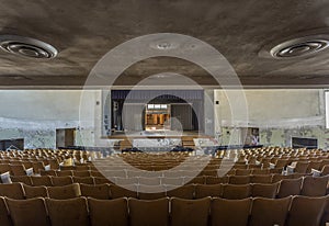 View of the stage in an abandoned auditorium