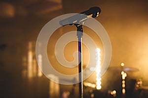 View of stage during rock-concert, with musical instruments and scene stage lights, rock show performance, before the performance,