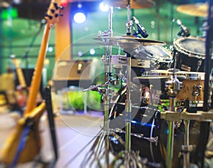 View of stage during rock-concert, with musical instruments and scene stage lights, rock show performance, before the performance