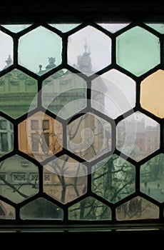 View through a Stained Glass Window to an Old City in Krakow, Poland