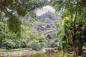 View on the stairs leading to the top pagoda of Hang Mua temple, Ninh Binh, Vietnam photo