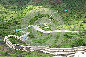 View of stairs and Tungi hill rock, Mangi Tungi, Nashik, Maharashtra, India.