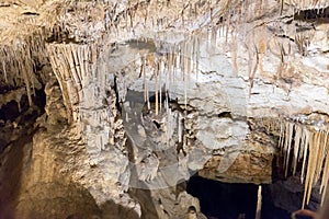 View of the stalactites and stalagmites in the cave