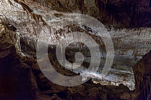 View of the stalactites and stalagmites in the cave