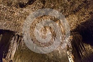 View of the stalactites and stalagmites in the cave