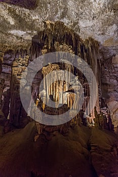 View of the stalactites and stalagmites in the cave