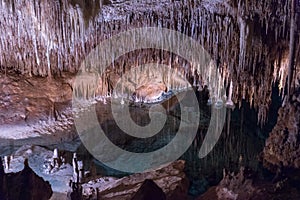 View of the stalactites and stalagmites in the cave