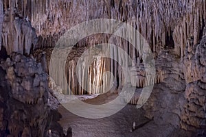 View of the stalactites and stalagmites in the cave