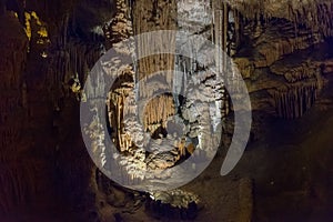 View of the stalactites and stalagmites in the cave