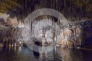 View of the stalactites and stalagmites in the cave