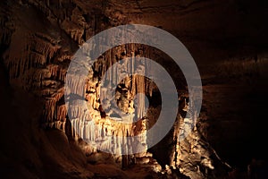 View at stalactites and stalagmites inside Mammoth Cave.