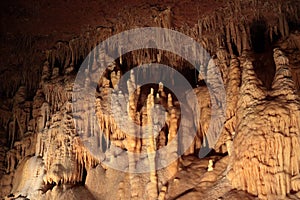 View at stalactites and stalagmites inside Mammoth Cave.