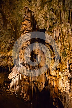 View of stalactites and stalagmites in an underground cavern - Postojna cave, Slovenia