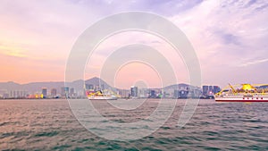 View from Star Ferry through Victoria Harbour timelapse hyperlapse, with the skyline of Hong Kong as backdrop