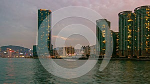 View from Star Ferry through Victoria Harbour timelapse hyperlapse, with the skyline of Hong Kong as backdrop