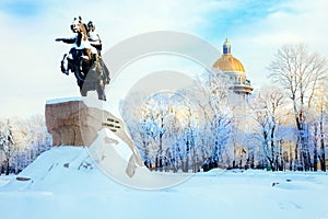 A view of the statue of Bronze horseman and St. Isaac`s Cathedral in Saint-Petersburg, Russia