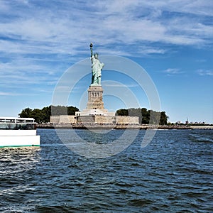A view of the Statue of Liberty from a river boat