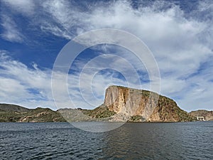 View of Canyon Lake, Dam and Rock Formations from a Steamboat in Arizona photo