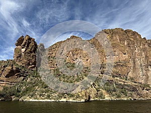 View of Canyon Lake and Rock Formations from a Steamboat in Arizona photo