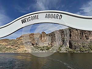 View of Canyon Lake and Rock Formations from a Steamboat in Arizona photo