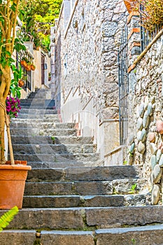 View of a steep path connecting Isola Bella and Taormina, Sicily, Italy