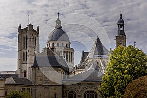 View of steeple of Henri 4 school, Pantheon monument and St Etienne du Mont church in Paris