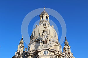 View on a steeple of the woman church in the city dresden sachsen germany