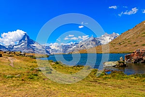 View of Stelli Lake (Stellisee) and Matterhorn mountain at summer in Zermatt, Swiss Alps, Switzerland