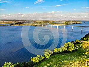 View of steppe and a modern bridge over upper river Don in Russia