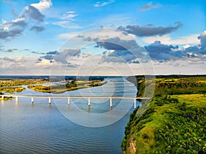 View of steppe and a modern bridge over upper river Don in Russia