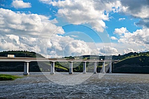 View of steppe and a modern bridge over upper river Don in Russia
