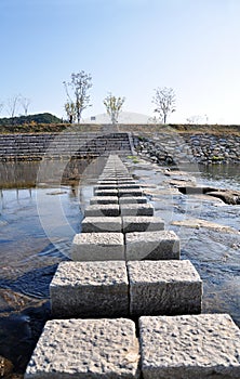 View of stepping stones across Namcheon Stream, Gyeongju, South Korea