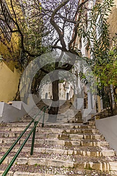 A view of steps leading up to the Bairro Alto distict in the city of Lisbon