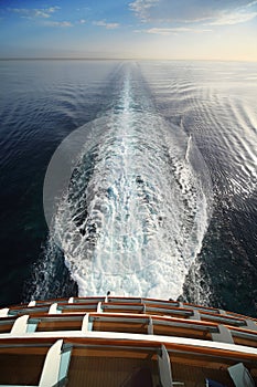 View from stern of big cruise ship.