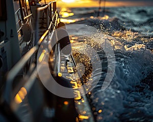 View from the stern of a fishing boat returning to harbor, tracing the way back, water shimmering with the afternoon sun. A day in